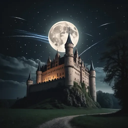 Prompt: Castle at night. Full moon and shooting stars. Moody atmosphere 