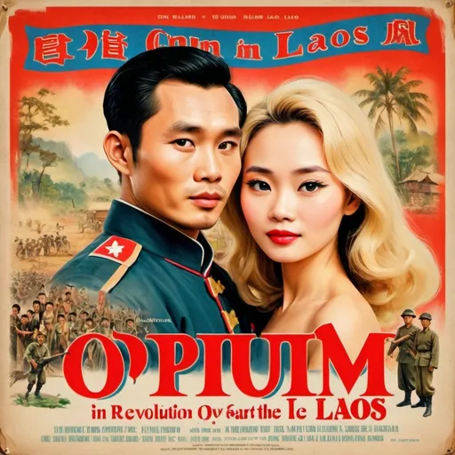 Prompt: PLease create a vintage Movie banner Title:** *Opium, Love, and Revolution in the Heart of Laos* It should be vintage 1960 movie banner style and the main caracter is a blond actress from France. She need to look American. HEr look is French colonial style from 1950 in LAos together with her husband a chinese corrupted military, 


