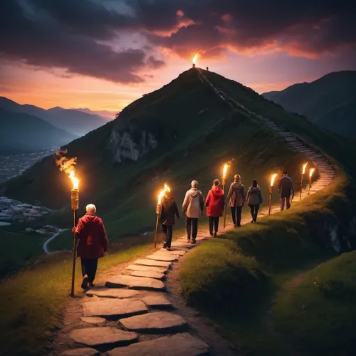 Prompt: a winding uphill path illuminated by  glowing torches. At the start of the path, a diverse group of individuals, representing different ages, backgrounds, religions, colours and professions, stand together, holding lit torches. 
They are looking forward with determination, ready to embark on their journey. The background is a mix of a vibrant sunrise, symbolizing new beginnings, and a dark sky, representing challenges ahead. Along the path, there is a sign that says "keep going"  The  mood is one of optimism, community, and shared purpose.