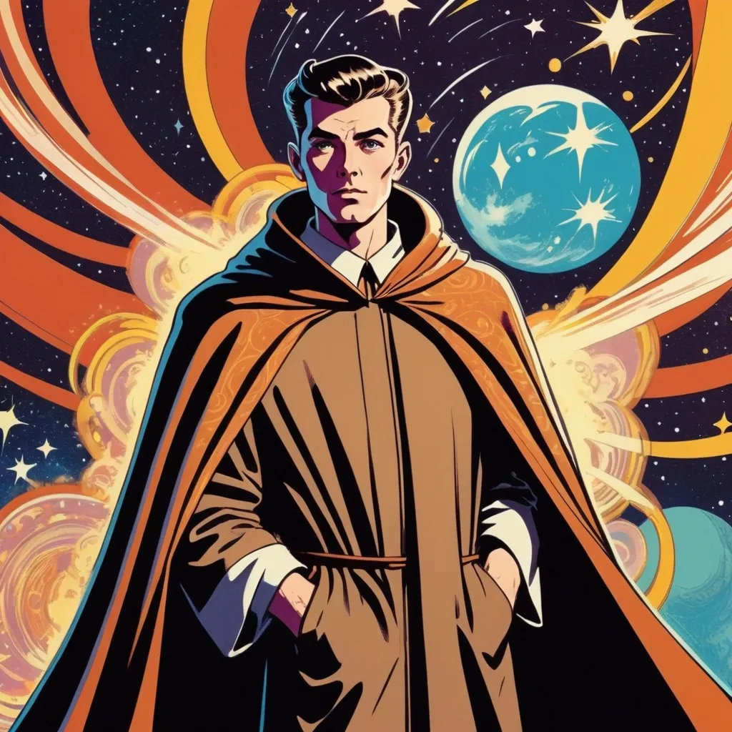 Prompt: Silk screen comic book illustration, male wizard wearing a robed mantle, brown pompadour haircut, pale, 1960s retro futurism