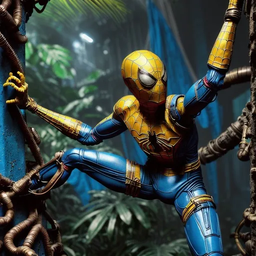 Prompt: (blue and yellow spiderman droid), based on Marvel movies, (steampunk design), set in a (mysterious ancient jungle), vibrant colors, (best quality), rich textures, bright lighting, detailed foliage, intricate machinery elements, adventurous atmosphere, high clarity, cinematic depth, captivating and engaging backdrop, ultra-detailed.