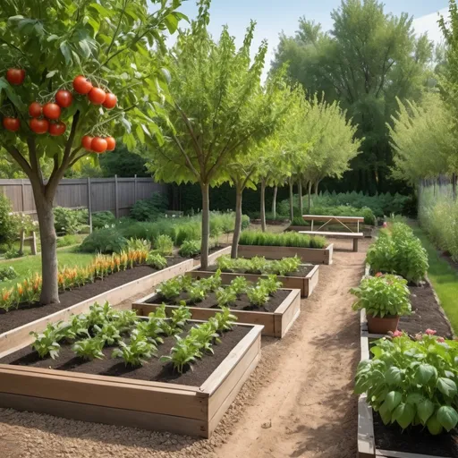 Prompt: A rectangle garden with three pear trees side by side in the center of the garden. fruits and vegetables planted with corn. A wooden bench in the garden with flowers planted as well. tomatoes, corn, greens. 
