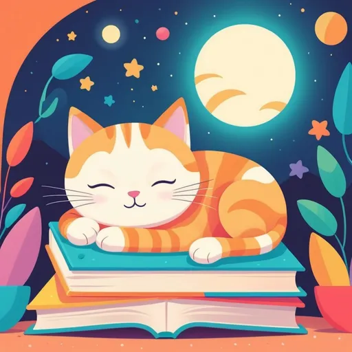 Prompt: illustrations for a book-cover,flat design,simple shapes,vector,colorful,2D,cute cartoon characters,cat sleeping