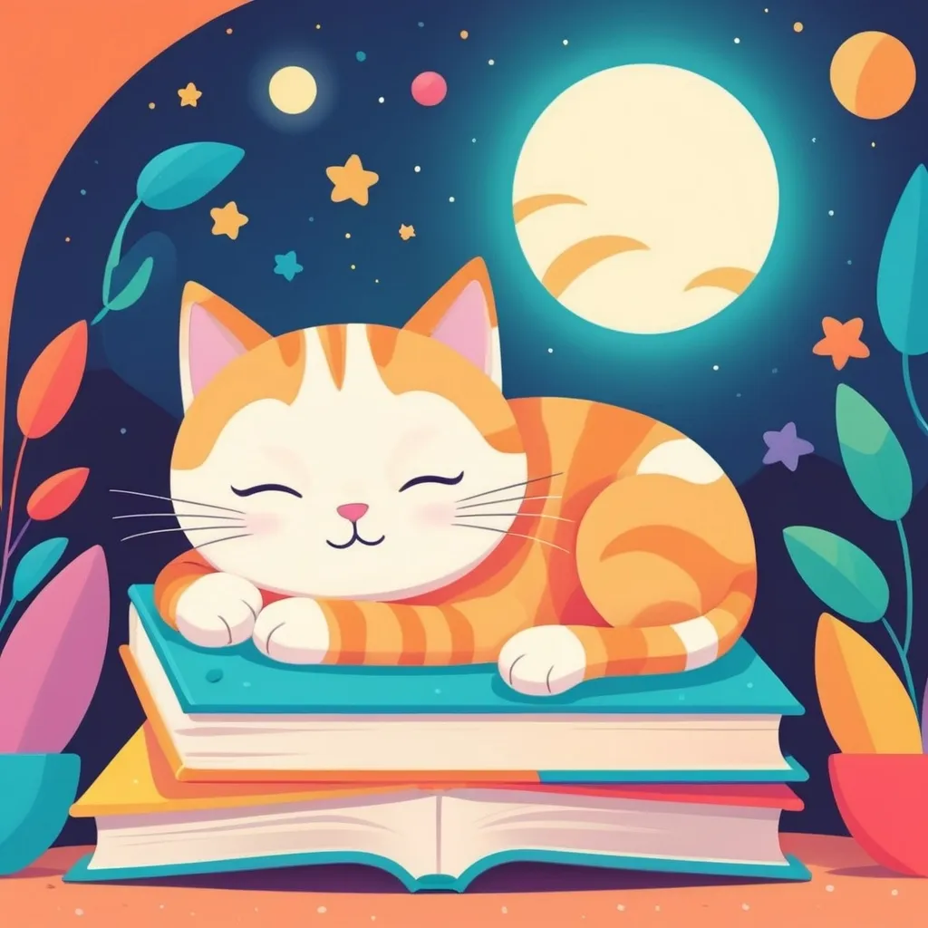 Prompt: illustrations for a book-cover,flat design,simple shapes,vector,colorful,2D,cute cartoon characters,cat sleeping