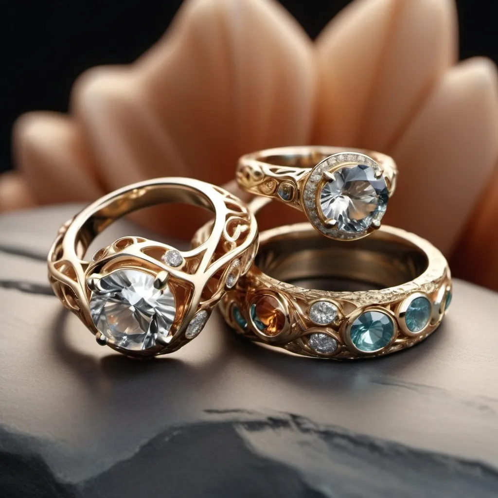 Prompt: (4K) multiple sets of (non-traditional) engagement and wedding rings, unique and organic designs, intricate craftsmanship, harmonious forms, featuring natural textures and shapes, shimmering gemstones, exotic materials, artistic display arrangement, (soft lighting) enhancing reflections, elegant presentation, modern aesthetic, warm ambient background, visually stunning, inspiring creativity and have non-protruding gemstones
