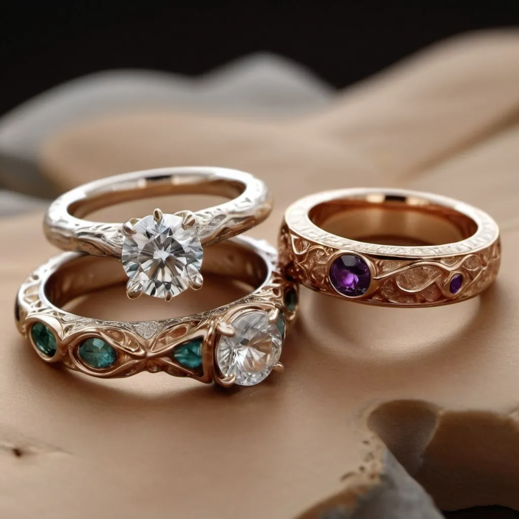 Prompt: (4K) multiple sets of (non-traditional) engagement and wedding rings, unique and organic designs, intricate craftsmanship, harmonious forms, featuring natural textures and shapes, shimmering gemstones, exotic materials, artistic display arrangement, (soft lighting) enhancing reflections, elegant presentation, modern aesthetic, warm ambient background, visually stunning, inspiring creativity and have non-protruding gemstones
