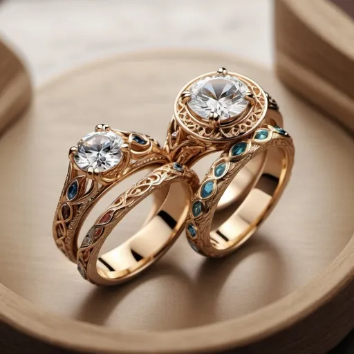 Prompt: multiple sets of engagement and wedding rings that have non-traditional, organic designs