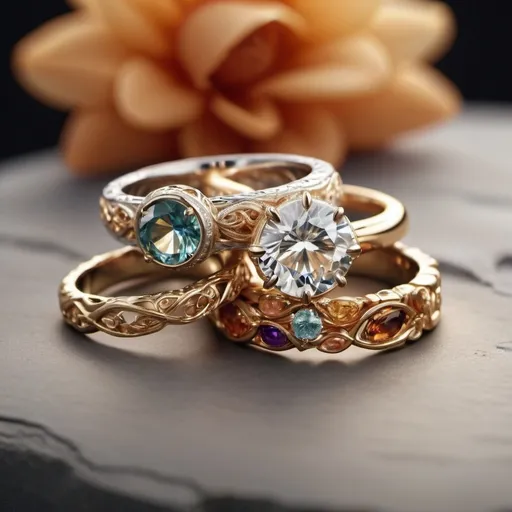 Prompt: (4K) multiple sets of (non-traditional) engagement and wedding rings, unique and organic designs, intricate craftsmanship, harmonious forms, featuring natural textures and shapes, shimmering gemstones, exotic materials, artistic display arrangement, (soft lighting) enhancing reflections, elegant presentation, modern aesthetic, warm ambient background, visually stunning, inspiring creativity and have non-protruding gemstones
