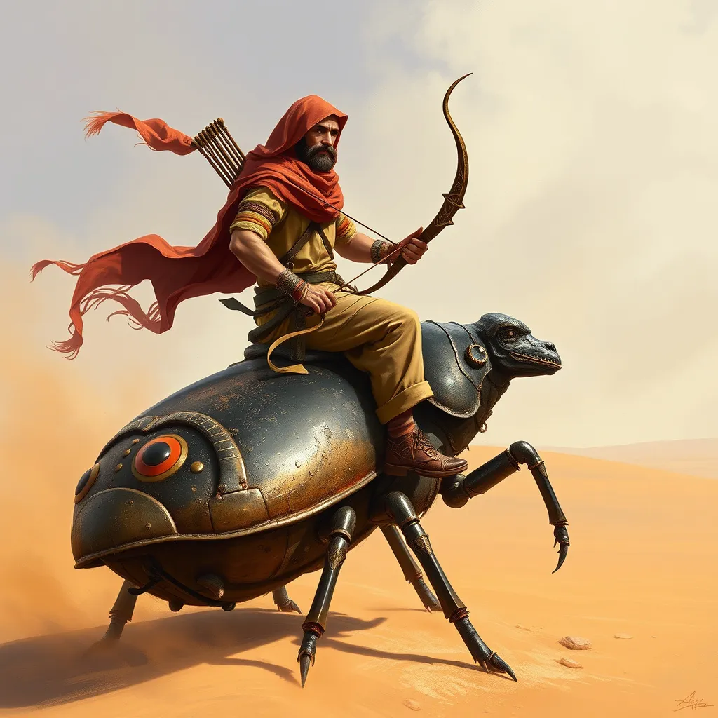 Prompt: Nomad riding a scarab with a bow slung around his back, in a desert fantasy style