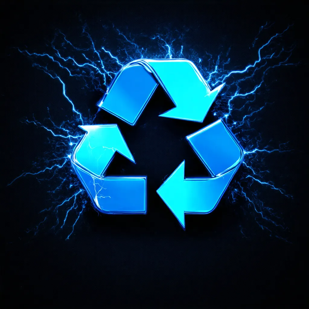 Prompt: a blue recycle logo with a black background and a black background. The arrows are electrified