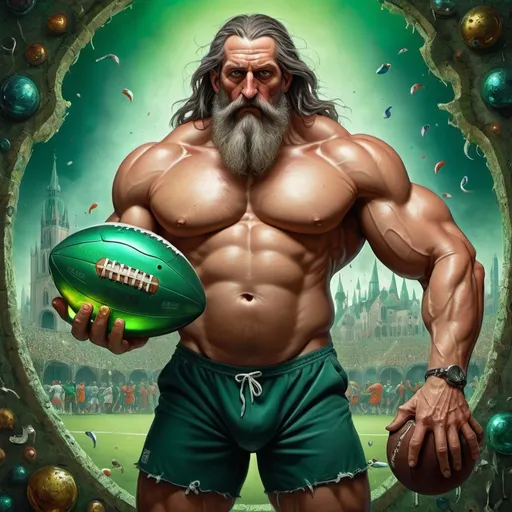 Prompt: a massive ripped god with a football and a cold green bottle of beer as painted by bosch digital art