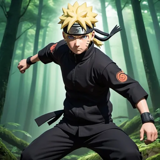 Prompt: naruto with long blonde hair, without a headband, in all black ninja clothes in a forest