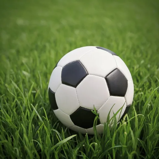 Prompt: Create a close-up of a soccer ball on a field of grass.  the image should be 745 pixel by 560 pixels
