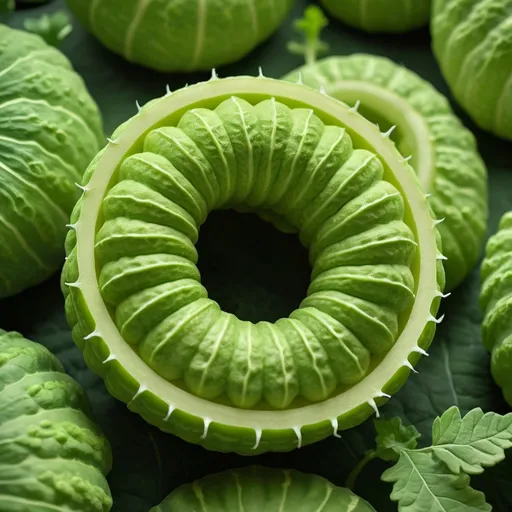 Prompt: Bitter Gourd Rings, (fresh, vibrant, garden grown), detailed textures and patterns, (lush green hues), softly illuminated, surrounded by (highlighted fresh foliage), soft focus background, natural setting, (high-quality 4K), (foody aesthetic), showcasing healthy eating, (inviting and fresh ambiance).