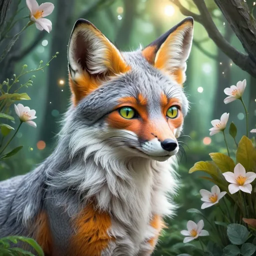 Prompt: Beautiful fantasy grey fox, (ethereal charm), enchanting surroundings with soft ethereal lighting, lush green forest background, whimsical elements like sparkling lights and blooming flowers, (magical atmosphere), graceful posture, detailed fur texture, vibrant colors blending seamlessly, enchanting eyes reflecting light, high-quality, (ultra-detailed), lush foliage creating a fairytale vibe.