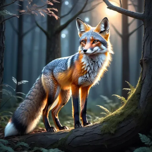 Prompt: (fantasy grey fox), ethereal atmosphere, intricate detailing on fur, captivating expression, mystical forest background, glowing elements in the environment, soft, dappled moonlight filtering through trees, vivid colors, dreamy ambience, enchanting scene, ultra-detailed, high-quality render, perfect blend of realism and magic, serene yet vibrant setting.