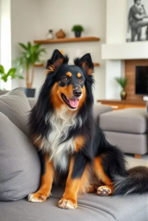 Prompt: A Sheltie sitting on the sofa in a modern style living room. 