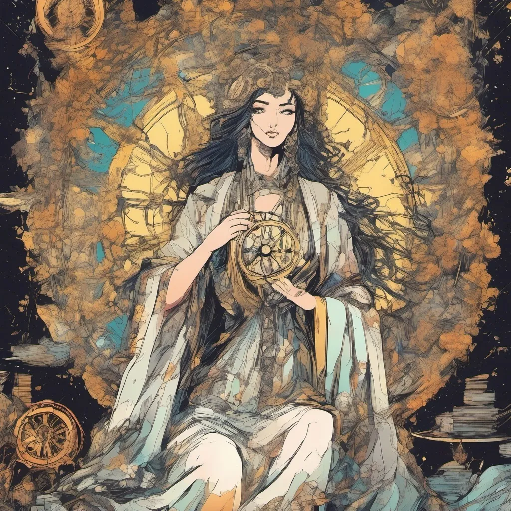 Prompt: tyche goddess tarot card Anime illustration, detailed ornate cloth robe, holding the wheel of chance dramatic lighting