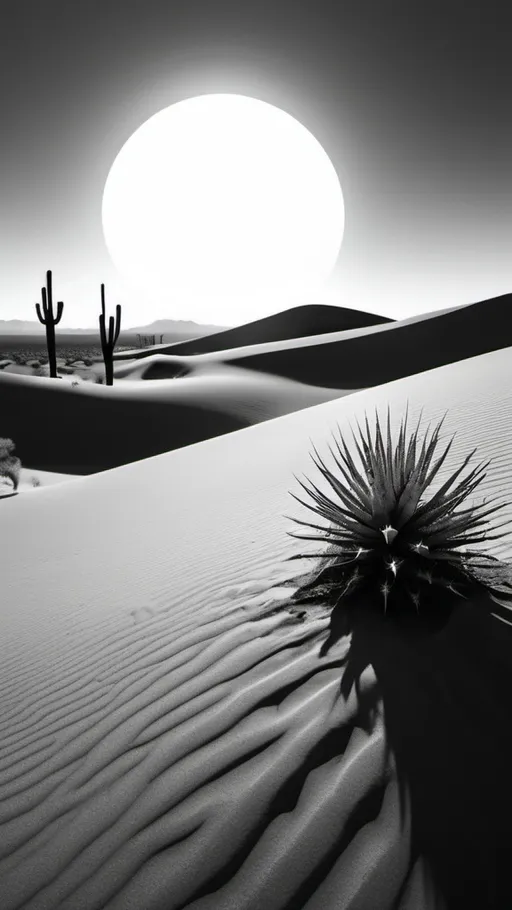 Prompt: /imagine prompt: Viral anime nature wallpaper in 4K quality, in the style of photography with a black and white film inspired by Edward Weston, capturing the stark beauty of a desert landscape with sand dunes, cacti, and a solitary rock formation; neutral and monochromatic color temperature, sunlight casting long shadows, no human characters, the atmosphere is minimalist and contemplative --v 5 --stylize 1000