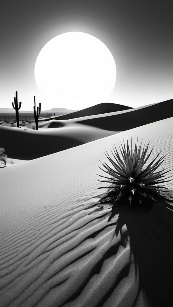 Prompt: /imagine prompt: Viral anime nature wallpaper in 4K quality, in the style of photography with a black and white film inspired by Edward Weston, capturing the stark beauty of a desert landscape with sand dunes, cacti, and a solitary rock formation; neutral and monochromatic color temperature, sunlight casting long shadows, no human characters, the atmosphere is minimalist and contemplative --v 5 --stylize 1000