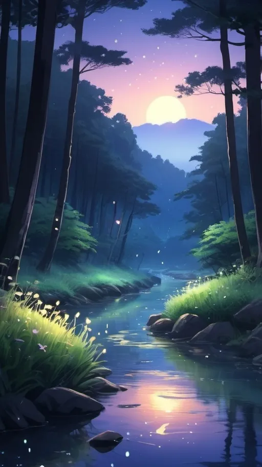 Prompt: /imagine prompt: Mystical anime river wallpaper in 4K quality, in the style of digital painting inspired by Natsume Ono, showing a gentle river winding through a dense forest, with glowing fireflies dancing above the water; cool and magical color temperature, twilight lighting with soft shadows, no human characters, the atmosphere is tranquil and enchanting --v 5 --stylize 1000