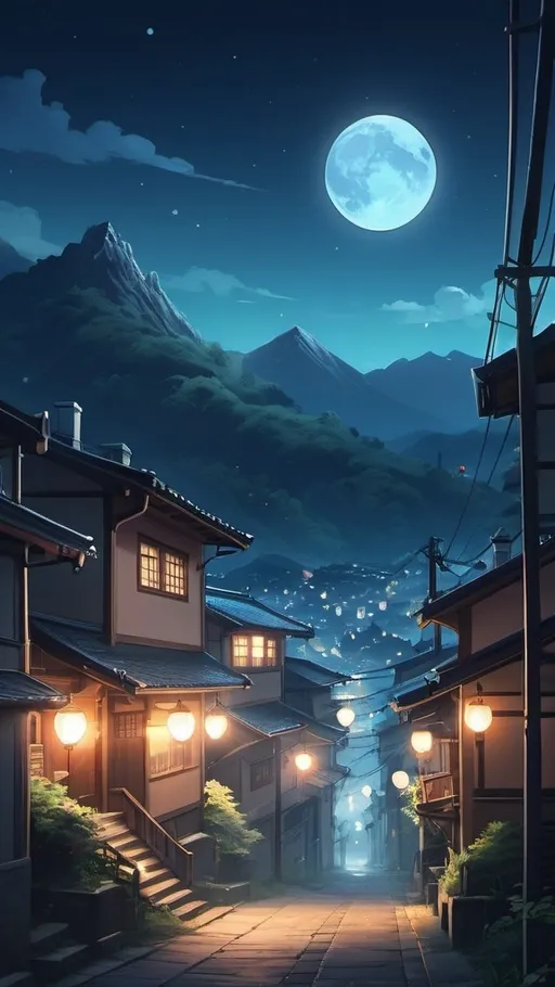 Prompt:  Atmospheric anime nightscape wallpaper in 4K quality, in the style of digital illustration inspired by Shinkai Makoto, featuring a small town nestled in the mountains, with glowing lanterns lining the streets, and a star-filled sky overhead; cool and serene color temperature, moonlit lighting with a gentle mist, no human characters, the atmosphere is nostalgic and tranquil --v 5 --stylize 1000

