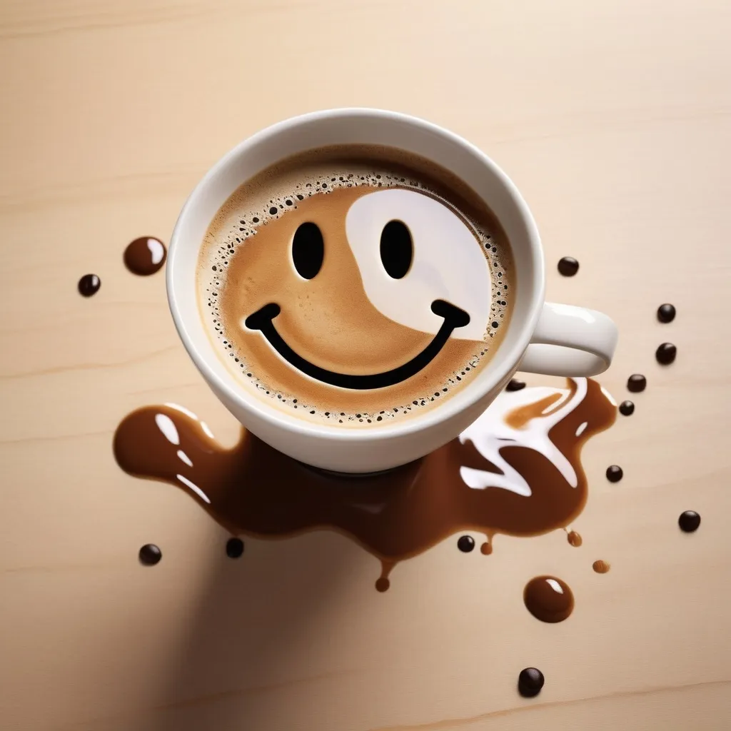 Prompt: A spill on a desk of coffee, spill in shape of smiley face, detailed desk, realistic, natural lighting, simple desk, realistic shine on coffee spill