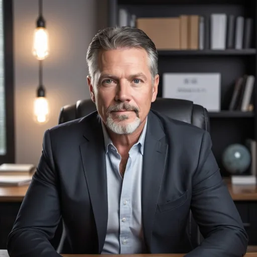 Prompt: Give me an image of a handsome 50+ years old white male, 3 days beard, black hair and successful entrepreneur, front facing, symmetrical with a sitting at beautiful office desk with nice background filled with beautiful lightning