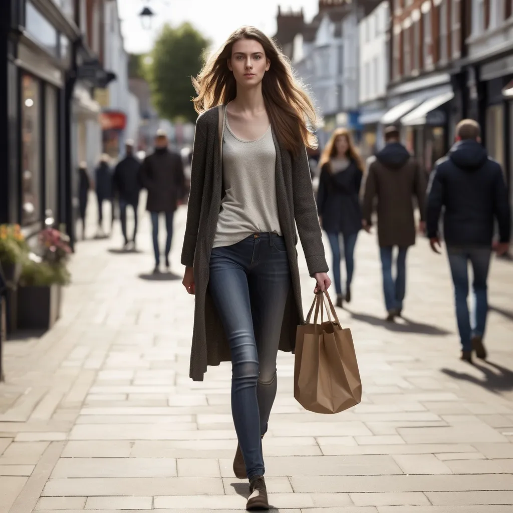 Prompt: Tall young woman walking down the high street, detailed clothing, realistic, natural lighting