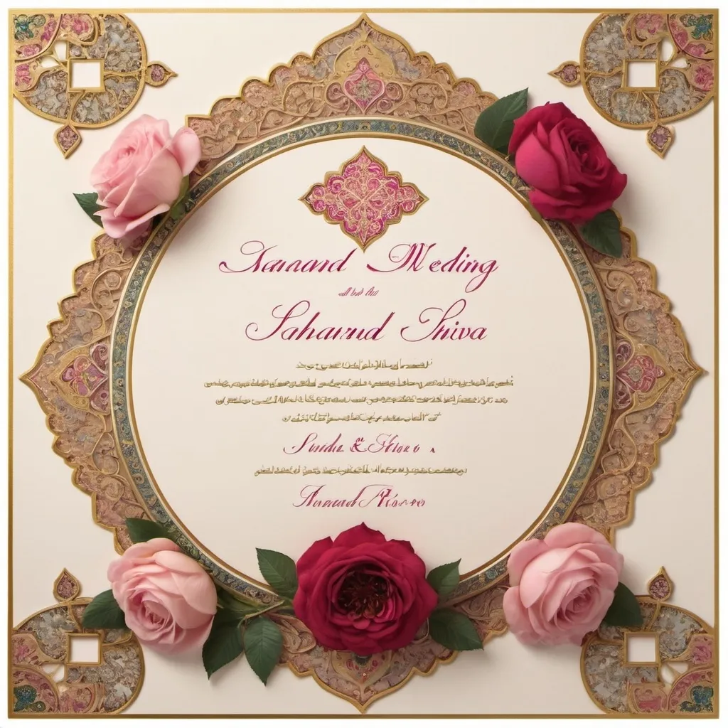 Prompt: Certainly! Here's a refined prompt based on the information you provided:

"Create a romantic wedding invitation card for an Iranian couple, Sahand and Shiva, with a focus on elegance and cultural elements. The design should feature Persian floral motifs and an intricate carpet pattern as the background, with soft gold and ivory accents. The names 'Sahand' and 'Shiva' should be beautifully written in Persian calligraphy at the center, along with the wedding date, '22 of Shahrivar,' also in Persian. Surround the text with symbols of love, such as wedding rings and roses, and use a color palette of soft pinks, reds, gold, and ivory to emphasize the romantic atmosphere. The overall feel should be luxurious, elegant, and deeply romantic, blending traditional Persian aesthetics with a timeless love story."