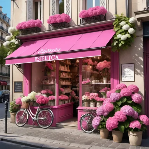 Prompt: Parisian flower shop called ESTETICA, very good location, overlay and color pink with hydrangea