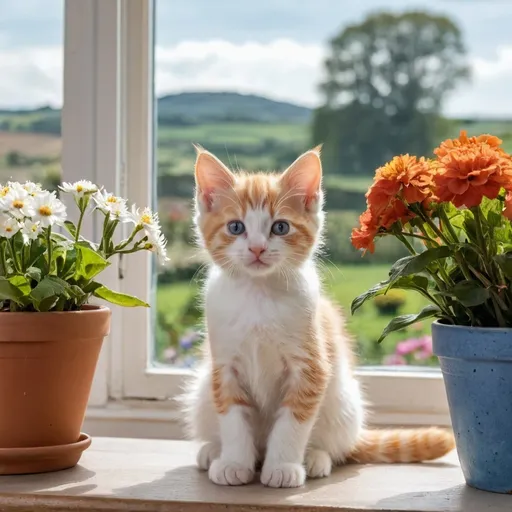 Prompt: a small ginger and white kitten sat on a table, looking at the camera. There are windows behind her showing a floral garden, Countryside views and blue sky. there are flower pots on the window ledge. 