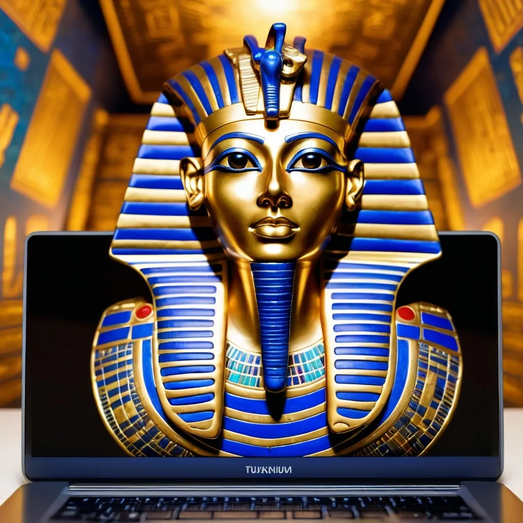 Prompt: A close-up of Tutankhamun's golden mask, highlighting the intricate details of the eagle's feathers and the hieroglyphics. In front of him, there is a laptop, with the screen slightly illuminated. The background is a blurred image of the pyramids, adding a touch of ancient Egypt to the scene.