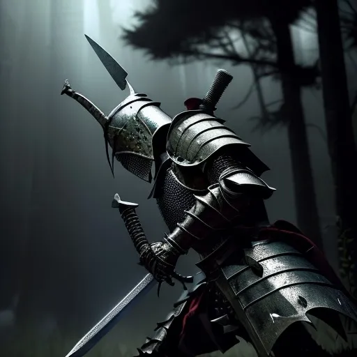 Prompt: (fully armored knight), stabbing his chest, (great sword) plunged deep, dark clouded sky, dramatic lighting, intense atmosphere, vivid contrast, battle-worn armor glinting, tense expression on the knight's face, visceral scene evoking power and despair, (highly detailed), (4K), moody shadows, epic composition, historical armor design, surreal elements in the background.