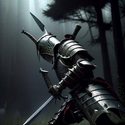 Prompt: (fully armored knight), stabbing his chest, (great sword) plunged deep, dark clouded sky, dramatic lighting, intense atmosphere, vivid contrast, battle-worn armor glinting, tense expression on the knight's face, visceral scene evoking power and despair, (highly detailed), (4K), moody shadows, epic composition, historical armor design, surreal elements in the background.