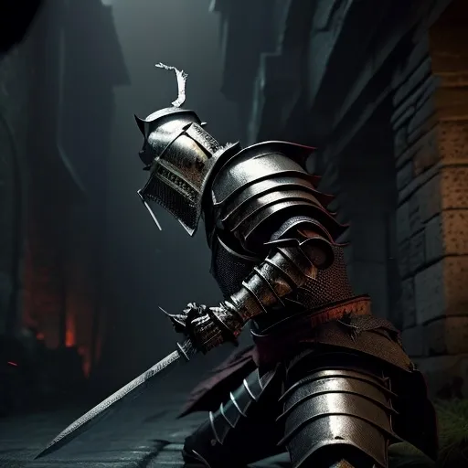 Prompt: Fully armored knight stabbing his chest with a great sword