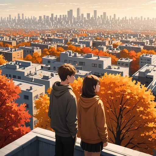 Prompt: A man and woman that look about the same age which is 15 stares on a rooftop into a city in the fall