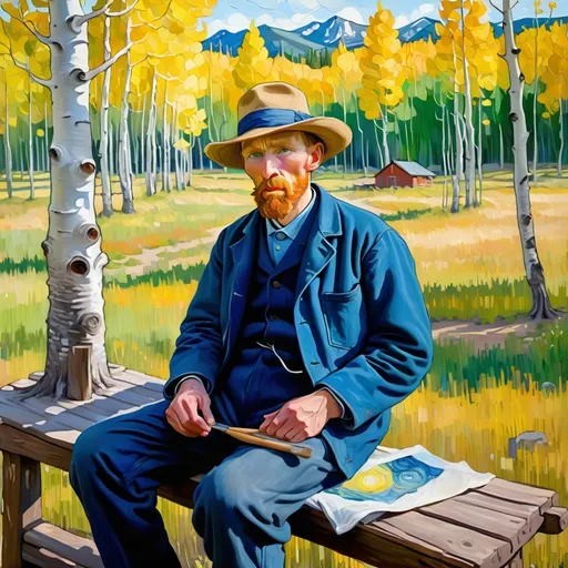 Prompt: van gogh sitting on a porch painting in the morning next to a aspen tree forest    in the countrside