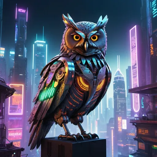 Prompt: (Cyborg owl), perched majestically amidst a neon-lit (cyberpunk cityscape), details of intricate metal feathers glimmering under holographic advertisements, vibrant colors playing against dark shadows, futuristic skyscrapers loom in the background, a hazy atmosphere filled with glowing lights, moody and enigmatic, high detail rendering, ultra-detailed, cinematic composition.