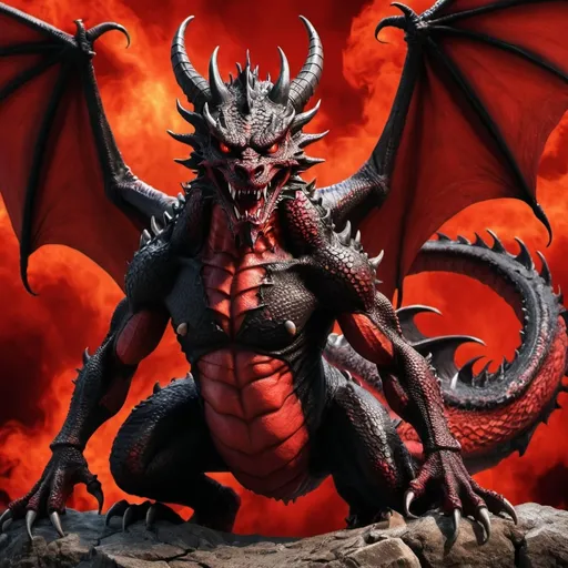 Prompt: red and black devil dragon with a hell background