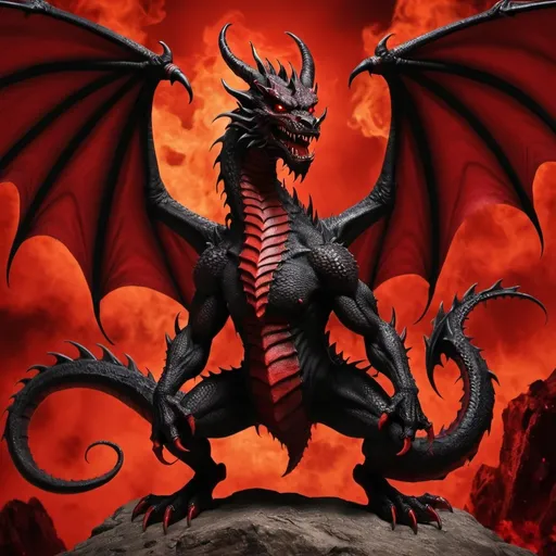 Prompt: red and black devil dragon with a hell background