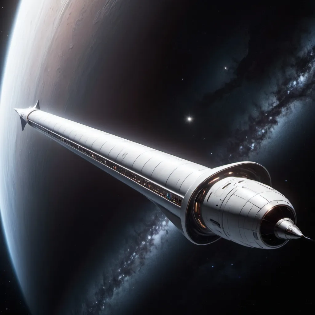 Prompt: A 5 mile long tubular thin and sleek starship moving through space