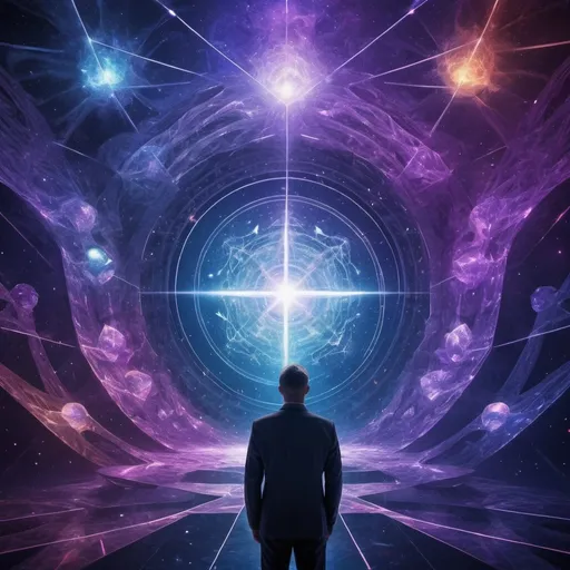 Prompt: (4D concept visualization), a man contemplating abstract representations of the fourth dimension, juxtaposed with 3D structures, intricate geometric shapes floating through an ethereal space, vibrant colors melding into hues of deep blue and purples, brilliant light beams illuminating the scene, a surreal, mind-bending atmosphere, cosmic background with starfields, ultra-detailed, HD quality, expansive, a blend of science and art and the holy spiritual war for mankind. 