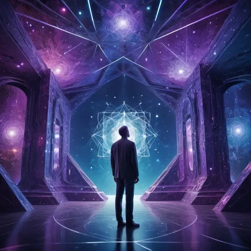 Prompt: (4D concept visualization), a man contemplating abstract representations of the fourth dimension, juxtaposed with 3D structures, intricate geometric shapes floating through an ethereal space, vibrant colors melding into hues of deep blue and purples, brilliant light beams illuminating the scene, a surreal, mind-bending atmosphere, cosmic background with starfields, ultra-detailed, HD quality, expansive, a blend of science and art.