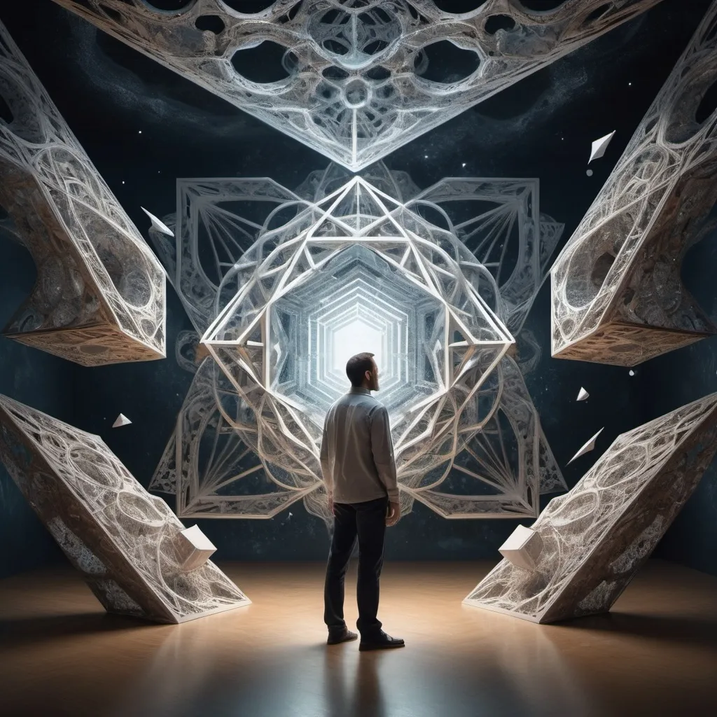 Prompt: man contemplating abstract representations of the fourth dimension, juxtaposed with 3D structures, intricate geometric shapes floating through an ethereal space, a blend of science and art.