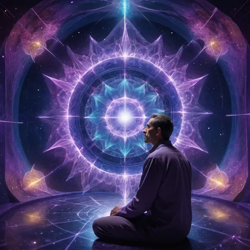 Prompt: (4D concept visualization), a man contemplating abstract representations of the fourth dimension, juxtaposed with 3D structures, intricate geometric shapes floating through an ethereal space, vibrant colors melding into hues of deep blue and purples, brilliant light beams illuminating the scene, a surreal, mind-bending atmosphere, cosmic background with starfields, ultra-detailed, HD quality, expansive, a blend of science and art and the holy spiritual war for mankind. 