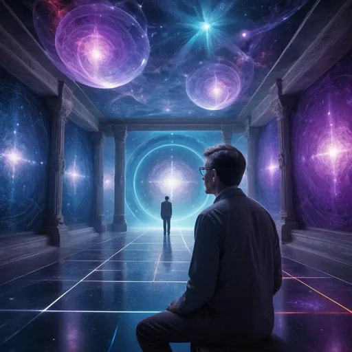 Prompt: (4D concept visualization), a man contemplating abstract representations of the fourth dimension, juxtaposed with 3D structures, intricate geometric shapes floating through an ethereal space, vibrant colors melding into hues of deep blue and purples, brilliant light beams illuminating the scene, a surreal, mind-bending atmosphere, cosmic background with starfields, ultra-detailed, images of normal human society through time, historical events, HD quality, expansive, a blend of science and art.