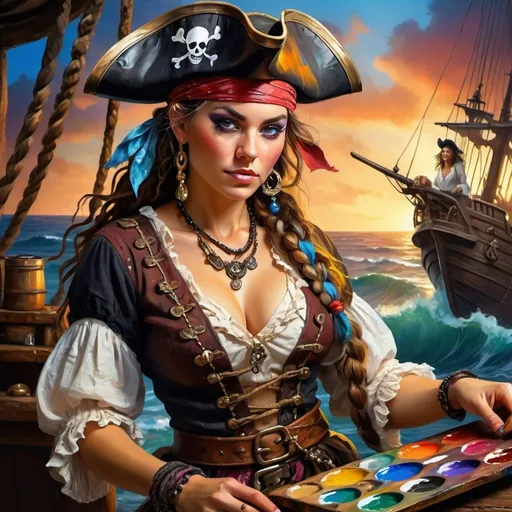 Prompt: pirate woman holding a paint palette