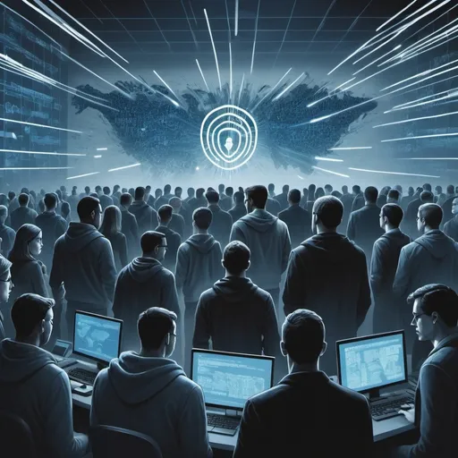 Prompt: (dramatic illustration depicting) the relationship between (public cybersecurity announcements) and (cyber attacks), showing a crowd of worried individuals, with ominous digital threats lurking in the background, cool tones contrasted with blue and gray color palette, underscore themes of vulnerability and alarm, emphasizing the tension between transparency and security, high-resolution, ultra-detailed, captivating atmosphere.