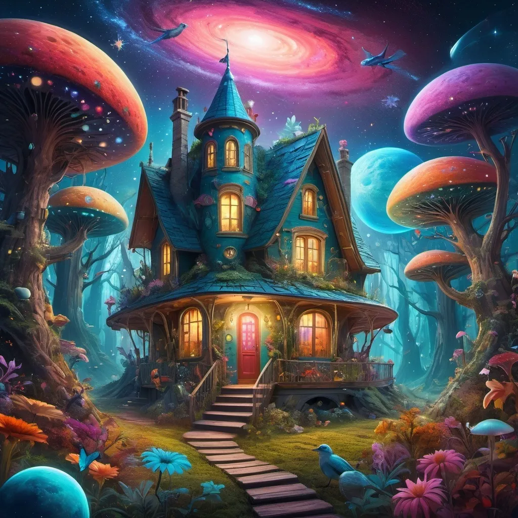 Prompt: A house in space The forest is painted with all kinds of animals 